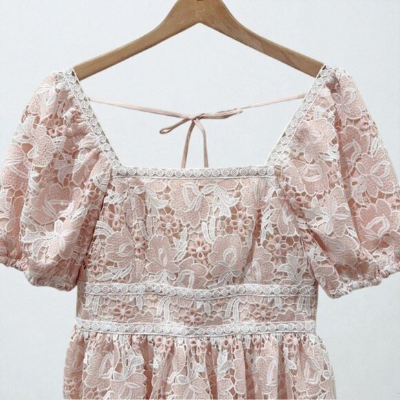 NWT Arose Studio Leah Puff Sleeve Square Neck Floral Lace Mini Dress Pink - Picture 6 of 6